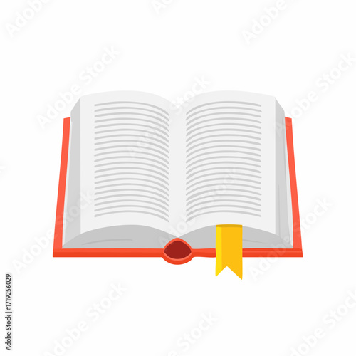 Literary Journey: An open book with a striking red cover, revealing pages brimming with text and a vibrant yellow bookmark, symbolizing the endless journey of knowledge and exploration. 
