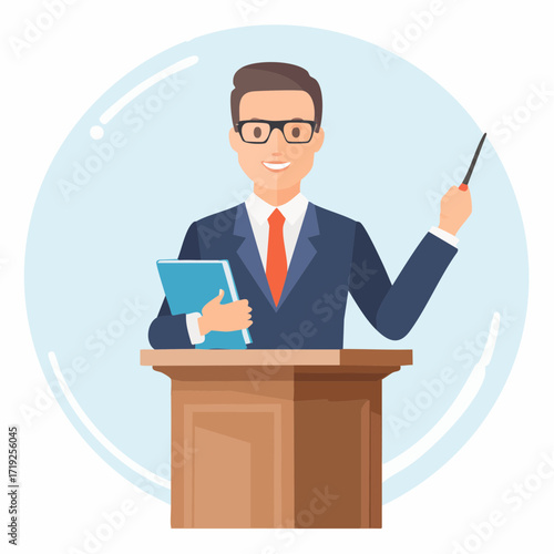 Public Speaking: A composed speaker, dressed in a suit and glasses, commands attention from behind a podium, ready to captivate the audience with insightful points.