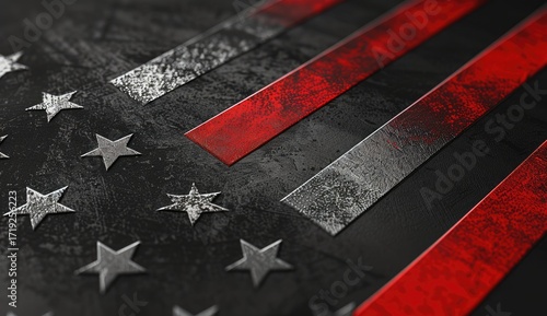 A stylized American flag, rendered in dark hues with metallic-looking stars and stripes.  The texture is rough and distressed, suggesting age or wear