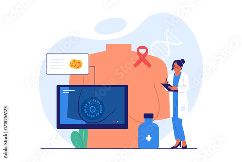 Illustration of Breast Cancer Awareness and Health Screening. Doctor Examining a Patient for Early Diagnosis and Prevention