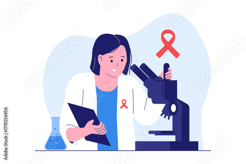 Illustration of Cancer Research and Scientific Discovery. Scientist Working in a Lab with a Microscope for Medical Breakthroughs