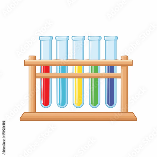Chemical Marvels: A collection of vibrant test tubes filled with colorful liquids, elegantly arranged in a wooden rack, symbolizing scientific discovery and innovation.