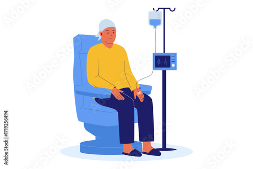 Illustration of Chemotherapy Treatment for Cancer Patients. Person Receiving IV Therapy for Oncology and Health Care