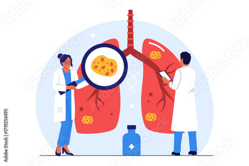 Illustration  of Lung Cancer Diagnosis and Treatment. Doctors Examining the Lungs for Disease and Symptoms
