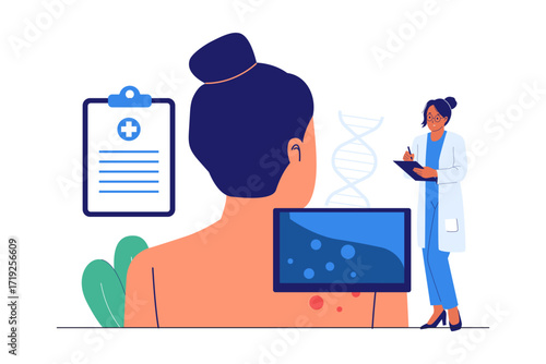 Illustration of Skin Cancer Diagnosis and Dermatology. Doctor Examining a Patient's Skin for Health Screening and Prevention
