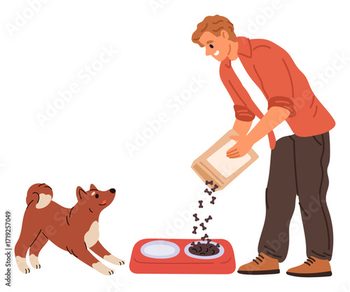 Young man feeds his favorite dog. Guy gives treats to his pet. Care of domestic animal. Owner feeding puppy. Male pouring canine food into feeder bowl. Nutrition for mammal. Vector concept