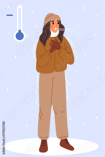 Young girl is freezing outside in winter. Cold season frost weather. Woman has become hypothermic due to low temperature. Shivering female character. Frozen thermometer. Vector concept