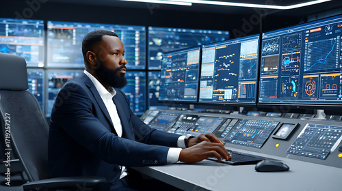 Man in suit working at a high-tech control station with multiple monitors displaying data and analytics