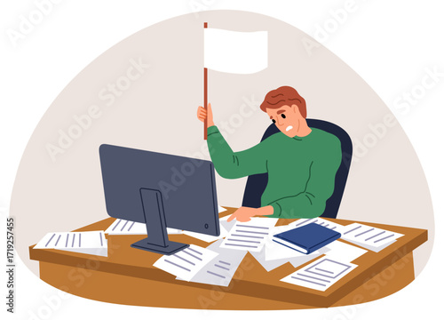 Tired male worker raises white flag. Surrendering to hard work. Overworked businessman. Burnout employee. Man at computer. Defeat from paperwork. Fatigue and stress. Vector concept