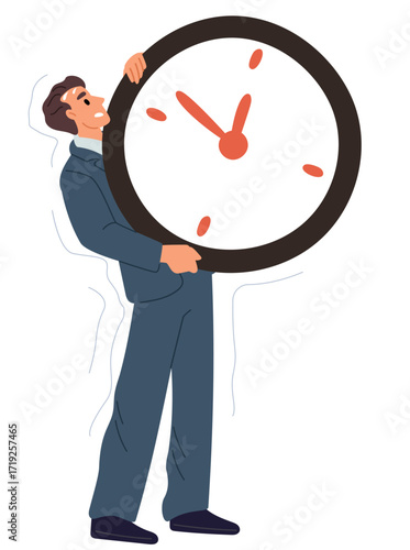 Tired businessman holding large clock. Overworked male worker stress. Deadline timer. Hours countdown. Heavy timepiece. Busy business man. Vector concept of not being able to manage time