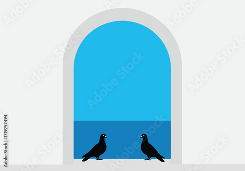 An arched window frames a serene seascape with two birds perched on the sill, creating a peaceful and contemplative scene isolated on white background