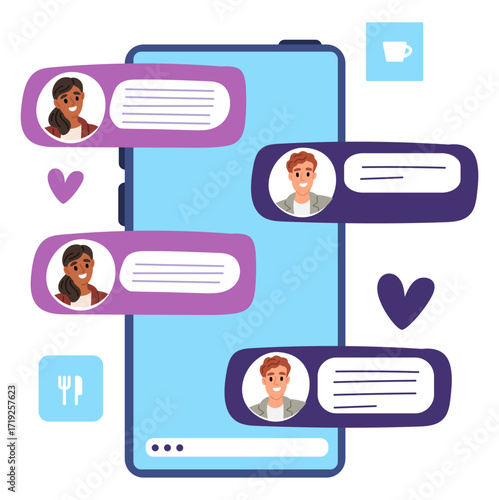Smartphone screen with text message. Mobile communication between man and woman. Couple texting in chat or device messenger. Date application. Romantic mails exchange. Vector concept