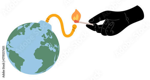 Secret black hand lights cord of globe shaped bomb with match. World war. Detonator of disasters and conflicts. Grenade wick burn. Earth planet. Worldwide military danger. Vector concept
