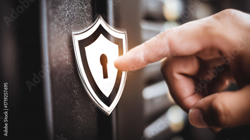 A hand pointing to a shield-shaped security emblem with a keyhole on a dark surface