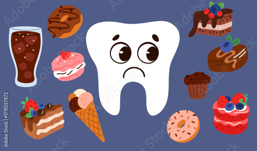 Sad cartoon tooth surrounded by sweet and junk food. Chocolate cake and donuts. Sugary drinks and pastries. Dental upset character. Hazard of caries. Unhealthy eating. Vector concept