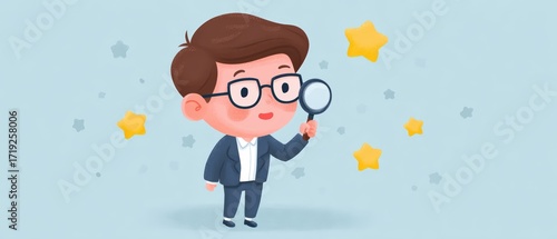 Cute cartoon boy in suit holding magnifying glass with stars in background, playful illustration for children