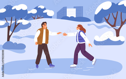 Man and woman are ice skating at rink. Couple in love spending time in winter city park. People walking outdoor. Cold season leisure. Romantic dating. New year weekend. Vector concept