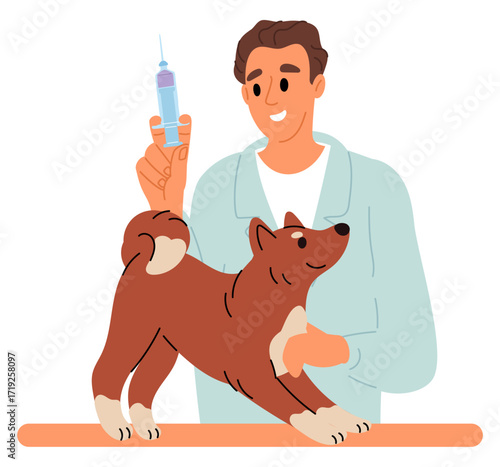 Male veterinarian prepares to give dog injection with syringe. Veterinary procedure. Mandatory vaccination. Health care. Vaccine for domestic animal. Medical hospital. Vector concept