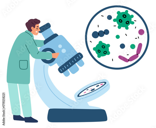 Male microbiologist conducts medical lab research on microbes using big microscope. Scientific biochemistry experiment. Scientist in laboratory. Virus and pathogen study. Vector concept
