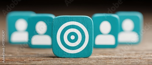 Focus on targeted audience concept with wooden blocks and icons in blurred background representing marketing strategy