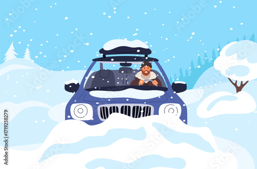Male driver lost control of car on snow covered city road. Winter snowfall. Vehicle skids on roadway. Frozen nature. Wintertime trip risk. Snowstorm blizzard. Auto drive. Vector concept
