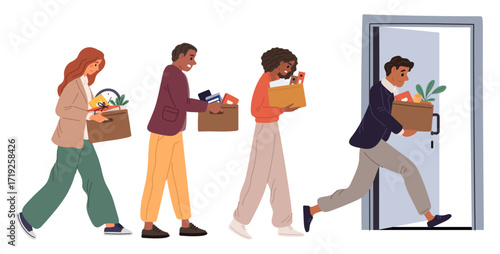 Fired employees leaving their jobs. Mass layoffs of people as result of crisis or financial problems. Men and women lost work in office. Dismissed managers carry boxes. Vector concept