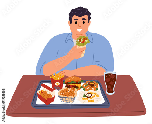 Fat man with tray full of junk fast food. Unhealthy lifestyle. Meal addiction. Obese guy eating burger and fries. Overweight male. Overeating disorder. Vector concept of poor nutrition