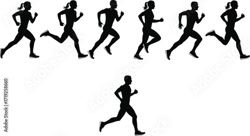 Running silhouettes, male and female, athletic motion, jogging cycle, sports biomechanics, fitness concept, isolated profile, dynamic stride, training posture, sprint phases