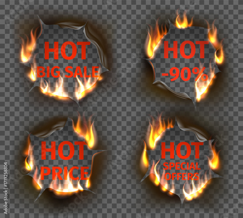 Burning stickers with discounts. Hot sales banners with smoldering paper effect with different shapes. Marketing badge. Shopping tags on transparent background. Vector promotion labels set
