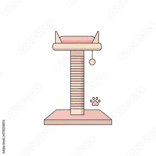 Illustration of a pink cat tower with a scratching post and dangling toy on a white background.