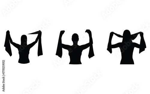 Three silhouettes of a person holding a towel above their head in different poses on white