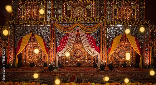 Ornate wedding stage decor with red and yellow drapes and floral garlands.