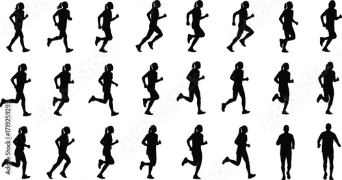 Running silhouettes, stride phases, motion sequence, athletic posture, sports biomechanics, jogging cycle, human locomotion, fitness movement, dynamic form,