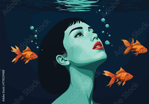A serene illustration of a woman gazing upwards in an underwater world, surrounded by a school of vibrant orange fish swimming in the clear blue water with sun rays penetrating the surface