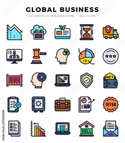 Vector Global Business types icon set in Lineal Color style. vector illustration.