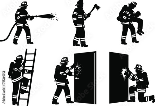 Firefighter silhouette vector set, six emergency response poses with gear, hose, axe, rescue, ladder, door breach, inspection, protection