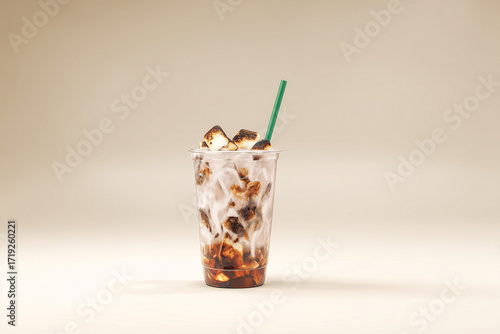 Minimal iced s’mores latte in a clear plastic cup with toasted marshmallows, chocolate drizzle and ice cubes, isolated on a neutral background. Perfect for commercial use, café menus, and branding