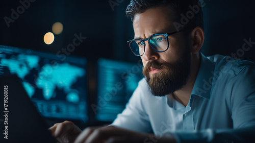 Man with beard and glasses working on laptop in dimly lit room with multiple monitors displaying data and world map