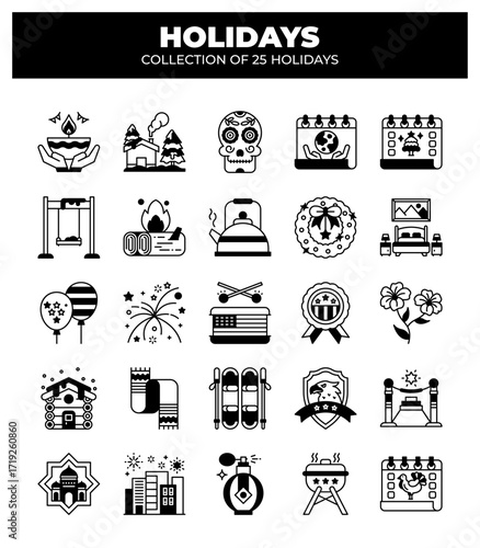 Collection of 25 Holidays. Festive Icons for Joyful Celebrations