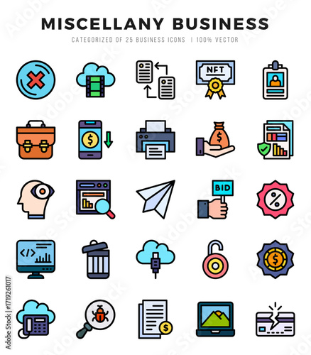 Set of Miscellany Business Icons. Simple Lineal Color art style icons pack.