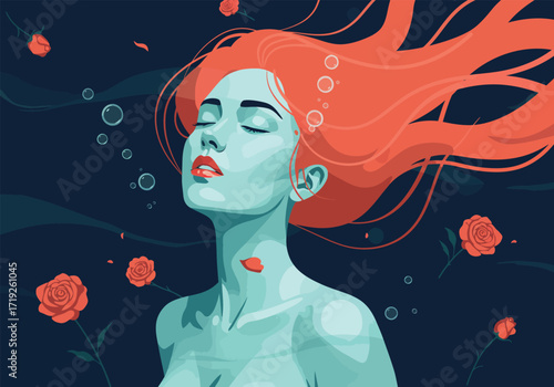 A captivating illustration of a woman with red hair submerged in water, surrounded by red roses and petals, creating a serene and dreamlike atmosphere in the deep blue water