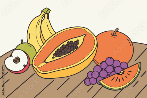 Fresh organic fruits and vegetables vector illustration with apple, banana, and orange on a white background