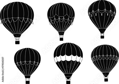 Hot air balloon silhouette set, black and white decorative vector icons, vintage flight design, aerial transport illustration, isolated travel concept art
