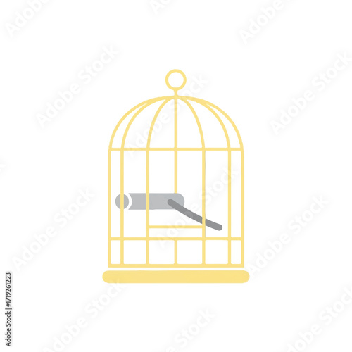A minimalist illustration of a yellow birdcage with a gray key inside on a white background.