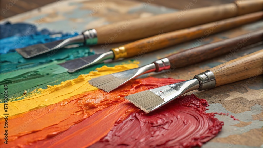 Obraz premium Palette knife paint smears showcasing vibrant colors on a textured surface in a creative workspace