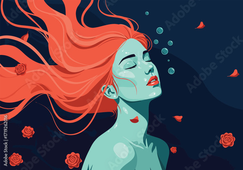 A captivating illustration of a woman with red hair submerged in water, surrounded by red roses and petals, creating a serene and dreamlike atmosphere in the deep blue water