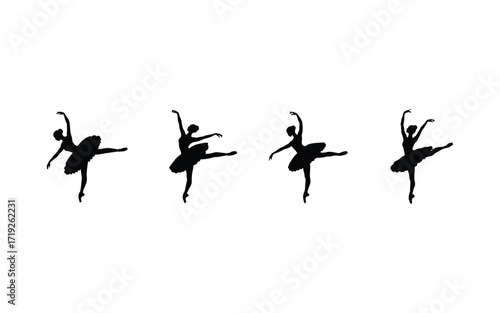 Four ballet dancer silhouettes in arabesque pose against a plain white background space