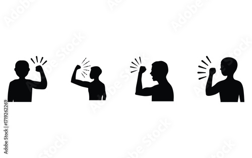 Four black silhouette figures with raised fists and radiating lines on a white background