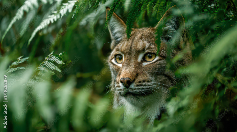 Fototapeta premium Eurasian lynx hiding in the forest looking away