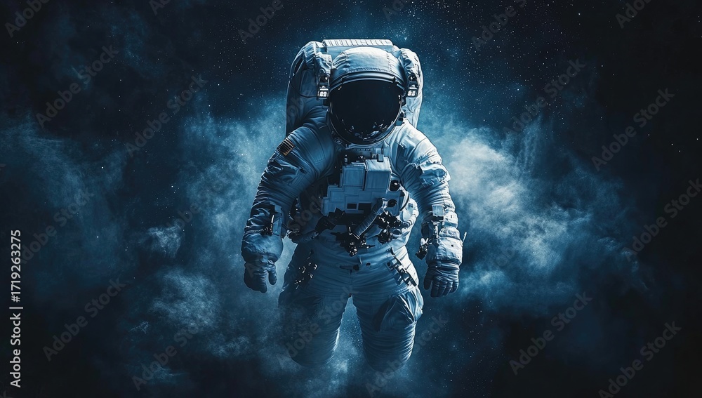 Fototapeta premium Astronaut in space suit, cosmic clouds